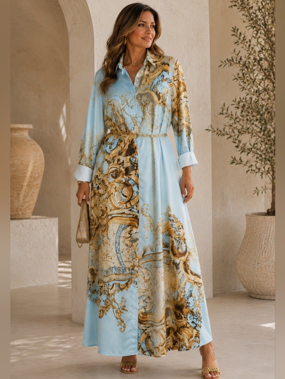 Baroque Ornate Print Button Down Maxi Shirt Dress Blue Gold L/XL